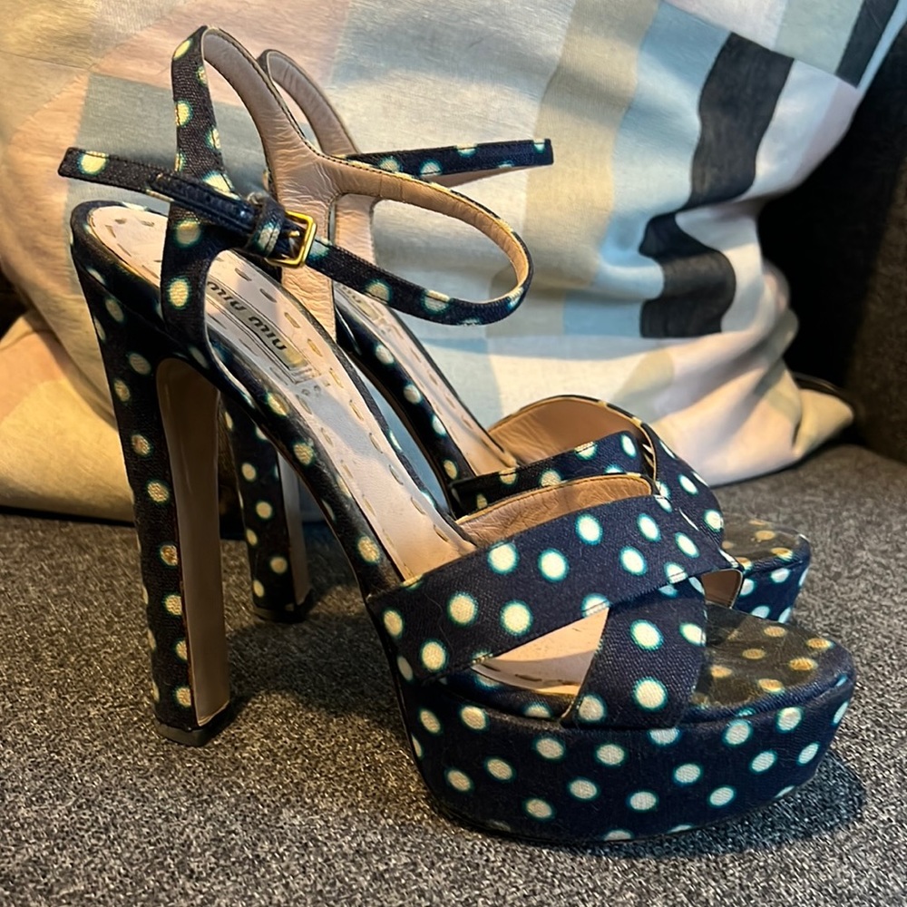 Miu Miu Platform, 6 Inch Polka Dot Open Toe Heels… - image 1